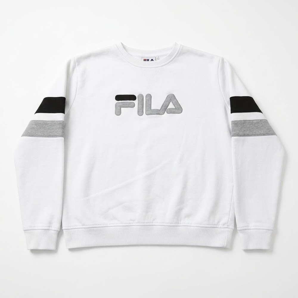 Fila Womens White Crewneck Sweatshirt Embroidered Logo Colorblock Sleeve Large